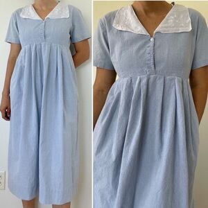 Vintage 80s Cottagecore Susan Bristol Peter Pan Collar Maxi Dress Size M Blue